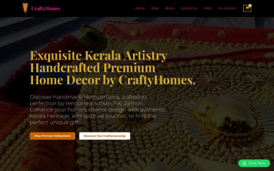 Hero section of Crafty Homes, an e-commerce website specializing in premium wall-hanging Nettipattams for home decor, aimed at global customers.